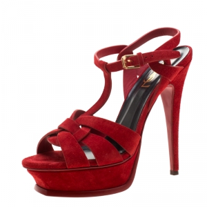 مملوكة مسبقًا Saint Laurent Paris Red Leather Tribute Platform Sandals Size 38