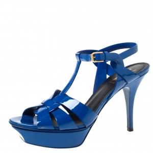 Pre Owned Saint Laurent Paris Black Patent Leather Tribute Platform Sandals Size 39.5