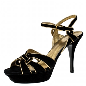 Pre Owned صندل سان لوران باريس تريبوت نعل سميك سويدي أسود مقاس 40.5