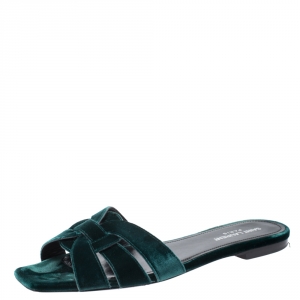 Pre Owned Saint Laurent Green Velvet Tribute Flat Slides Size 39