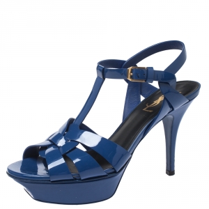 Pre Owned Saint Laurent Paris Blue Patent Leather Tribute Platform Sandals Size 37.5