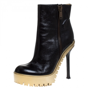 Pre Owned Saint Laurent Black Leather Trooper Platform Ankle Boots Size 38