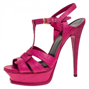 مملوكة مسبقًا Saint Laurent Paris Pink Croc Embossed Leather Tribute Platform Sandals Size 37