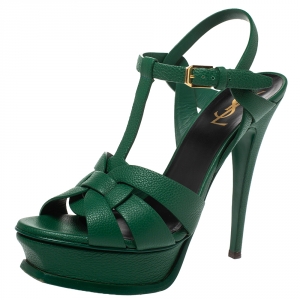 Pre Owned Saint Laurent Paris Green Leather Tribute Platform Sandals Size 38