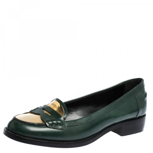 Saint Laurent Paris Green Leather Penny Loafers Size 37