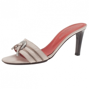 Pre Owned Saint Laurent Paris Beige Leather Slides Size 38.5