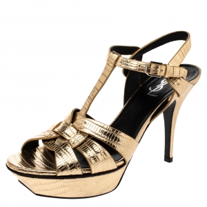 Pre Owned Saint Laurent Gold Lizard Embossed Patent Leather Tribute Platform Sandals Size 40 
