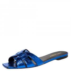 Pre Owned Saint Laurent Paris Metallic Blue Textured Leather Tribute Flat Slides Size 38.5