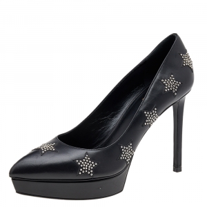 Saint Laurent Black Leather Studded Star Janis Platform Pumps Size 38