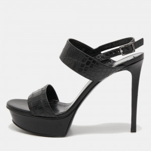 Pre Owned Saint Laurent Black Croc Embossed Leather Ankle Strap Sandals Size 37.5