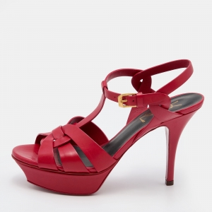 Saint Laurent Red Leather Tribute Platform Sandals Size 36