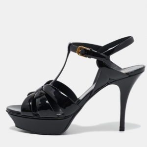 Saint Laurent Black Patent Leather Tribute Sandals Size 40