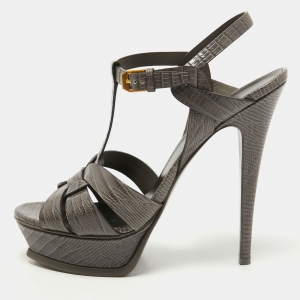 Saint Laurent Grey Lizard Embossed Leather Tribute Sandals Size 39.5