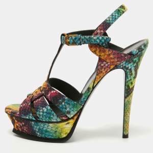 Saint Laurent Multicolor Python Embossed Leather Tribute Sandals Size 39.5