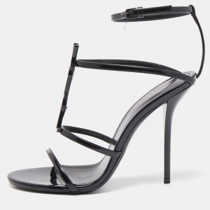 Saint Laurent Black Patent Leather Cassandra Sandals Size 38