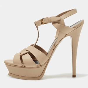 مملوكة مسبقًا Saint Laurent Beige Leather Tribute Ankle Strap Sandals Size 38