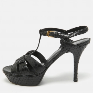 مملوكة مسبقًا Saint Laurent Black Python Embossed Leather Tribute  Sandals Size 38