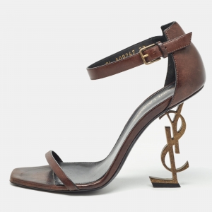 Pre Owned Saint Laurent Dark Brown Leather Opyum Sandals Size 38