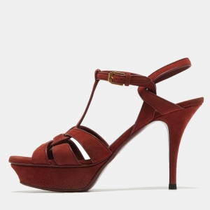 Saint Laurent Red Suede Tribute Platform Sandals Size 40
