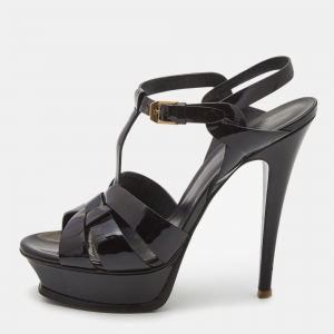 Saint Laurent Black Patent Tribute Ankle Sandals Size 37.5 
