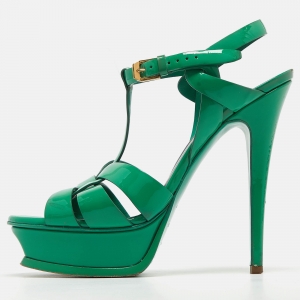 Saint Laurent Green Patent Tribute Ankle Strap Sandals Size 38 
