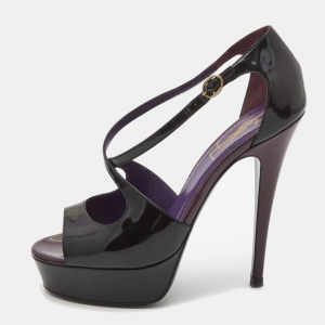Saint Laurent Black Patent Leather Platform Ankle Strap Sandals Size 36