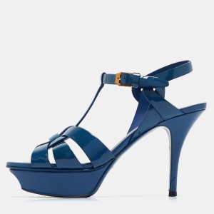 Saint Laurent Blue Patent Leather Tribute Sandals Size 36.5