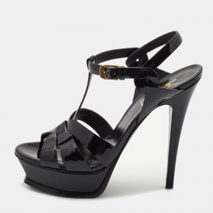 مملوكة مسبقًا Saint Laurent Black Patent Leather Tribute Sandals Size 36.5