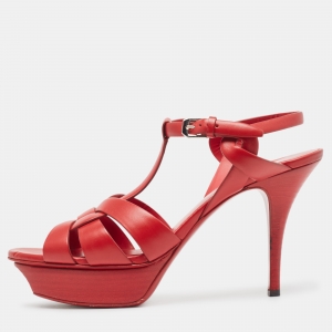 Saint Laurent Red Leather Tribute Ankle Sandals Size 39.5