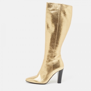 Saint Laurent Gold Python Embossed Leather Knee Length Boots Size 35
