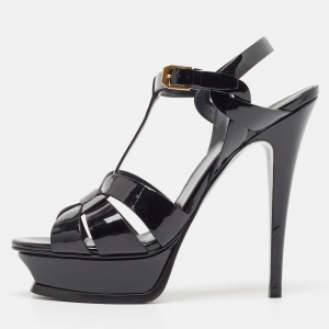 Saint Laurent Paris Black Patent Leather Tribute Platform Ankle Strap Sandals Size 38
