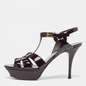 Saint Laurent Paris Burgundy Patent Leather Tribute Platform Ankle Strap Sandals Size 37