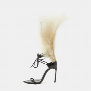 Saint Laurent Paris Black/White Leather and Feather Iris Ankle Wrap Sandals Size 39