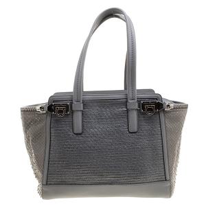 Pre Owned Salvatore Ferragamo Grey Leather/Raffia and Python Verve Zip Tote