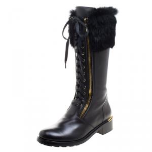 Pre Owned Salvatore Ferragamo Black Leather And Fur Trim Lapo Tall Combat Boots Size 39.5