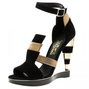 Pre Owned Salvatore Ferragamo Black Suede and Gold Leather Lexus Platform Sandals Size 38.5