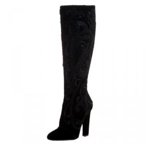 Pre Owned Salvatore Ferragamo Black Cord Embroidered Velvet Knee Boots Size 37