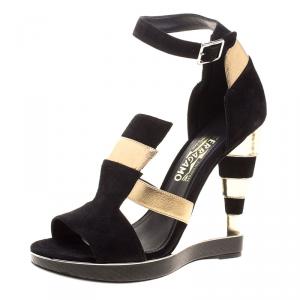 Salvatore Ferragamo Black Suede and Gold Leather Lexus Platform Sandals Size 39