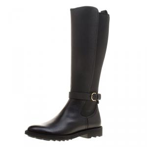 Pre Owned Salvatore Ferragamo Black Leather and Fabric Furseo Boots
