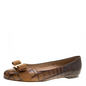 Pre Owned Salvatore Ferragamo Brown Ombre Alligator Embossed Leather Varina Ballet Flats Size 38.5