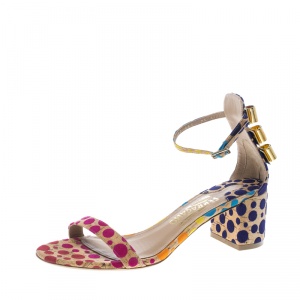 Salvatore Ferragamo Multicolor/Beige Polka Dot Suede and Cork Connie Block Heel Ankle Strap Sandals Size 38