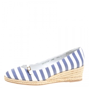 Pre Owned Salvatore Ferragamo Two Tone Striped Canvas Audrey Wedge Espadrille Pumps Size 41