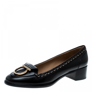 مملوكة مسبقًا Salvatore Ferragamo Black Leather Fele Gancio Detail Block Heel Loafer Pumps Size 41