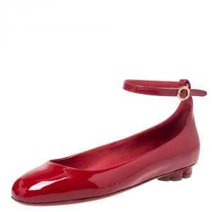Pre Owned Salvatore Ferragamo Red Patent Leather Cefalu Ankle Strap Ballet Flats Size 36