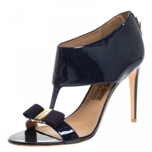 Salvatore Ferragamo Blue Patent Leather Pellas T Strap Sandals Size 40