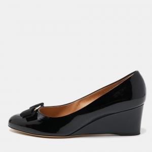 Pre Owned Salvatore Ferragamo Black Patent Leather Vara Bow Wedge Pumps Size 40