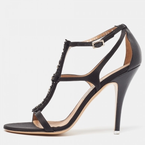 Salvatore Ferragamo Black Satin Crystal Embellished Ankle Strap Sandals Size 41