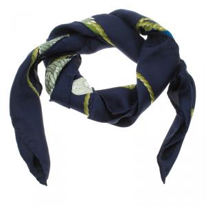  Salvatore Ferragamo Navy Blue Printed Silk Square Scarf