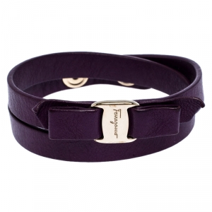 Salvatore Ferragamo Aubergine Leather Vara Bow Double Wrap Bracelet