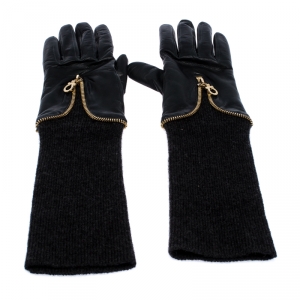 Salvatore Ferragamo Black/Dark Grey Leather and Fabric Cincilla Gloves